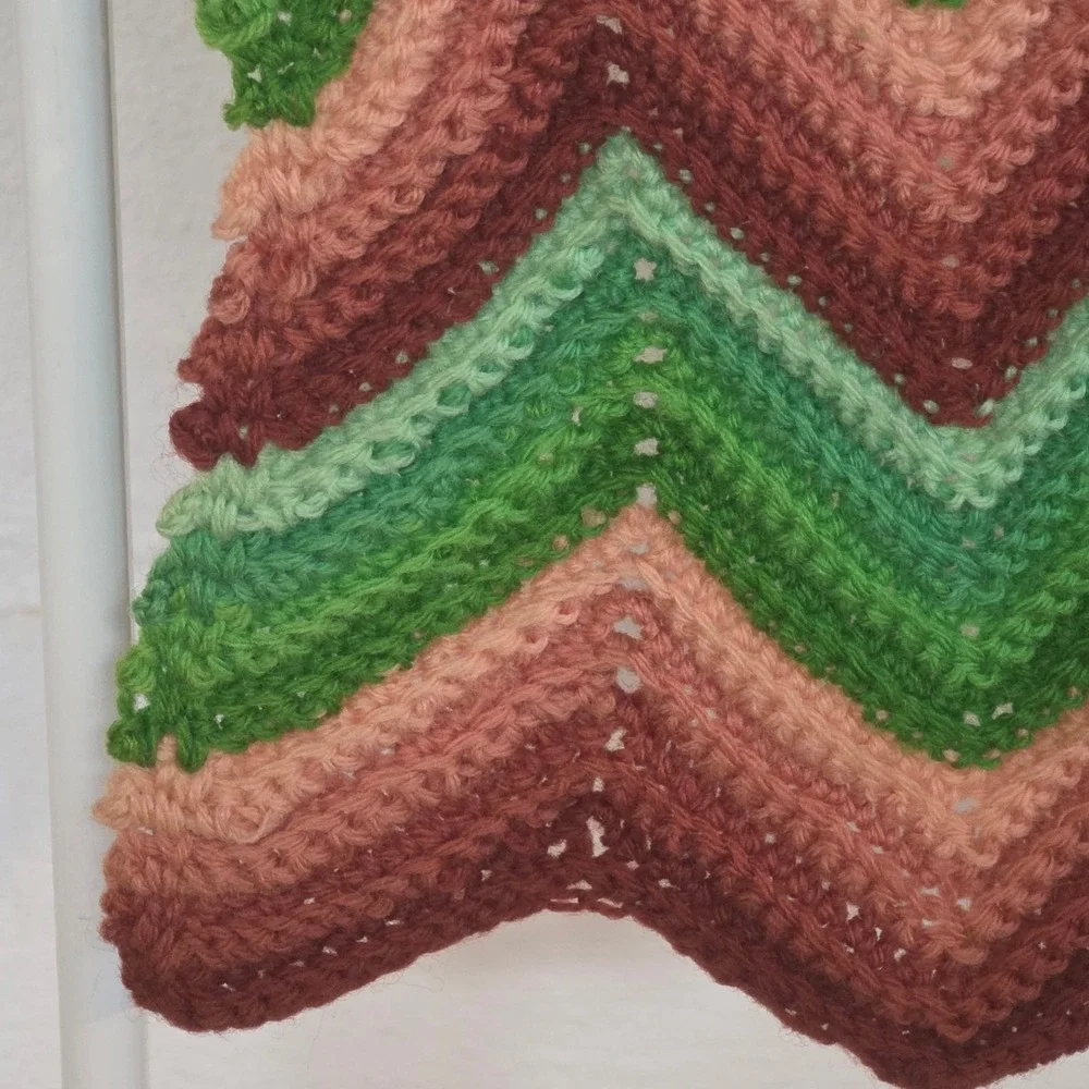 Handmade Crochet Chevron Afghan Blanket Earth Tones Green Raspberry Throw 44x68